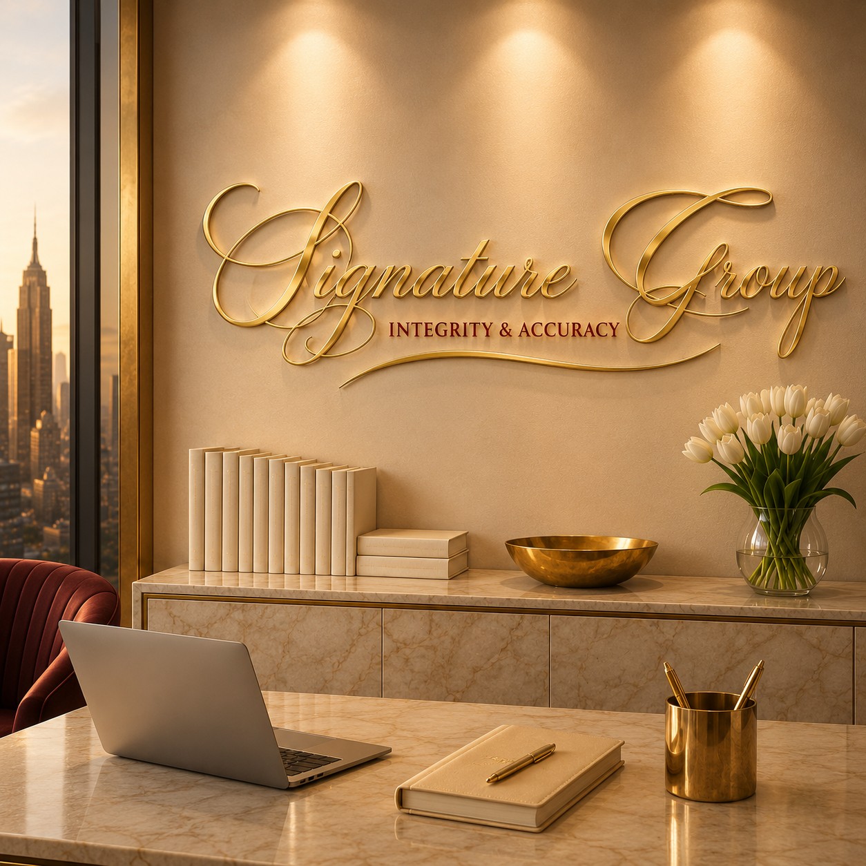 Signature Group office reception wall with gold 'Signature Group — Integrity & Accuracy' signage, a marble credenza, and a city skyline view