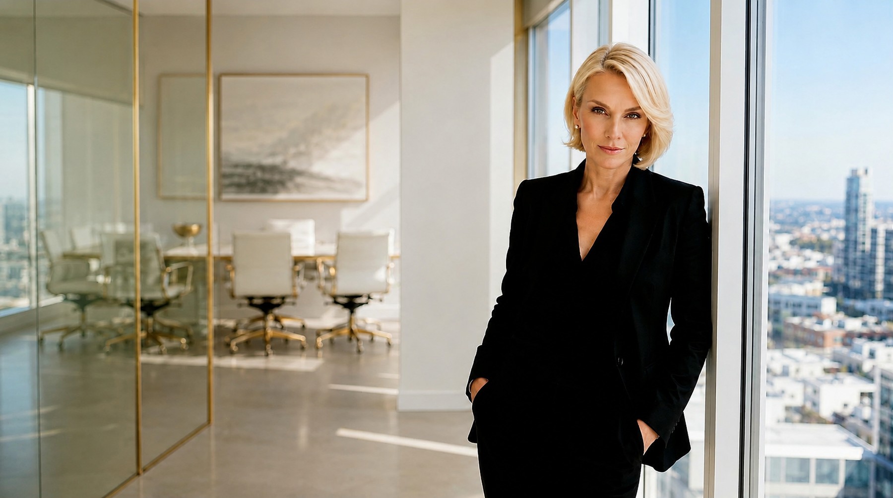 Signature Group CEO Irina Strumila in a black suit standing by a floor-to-ceiling window with a city skyline view, beside a modern glass boardroom, representing Signature Group's executive advisory practice