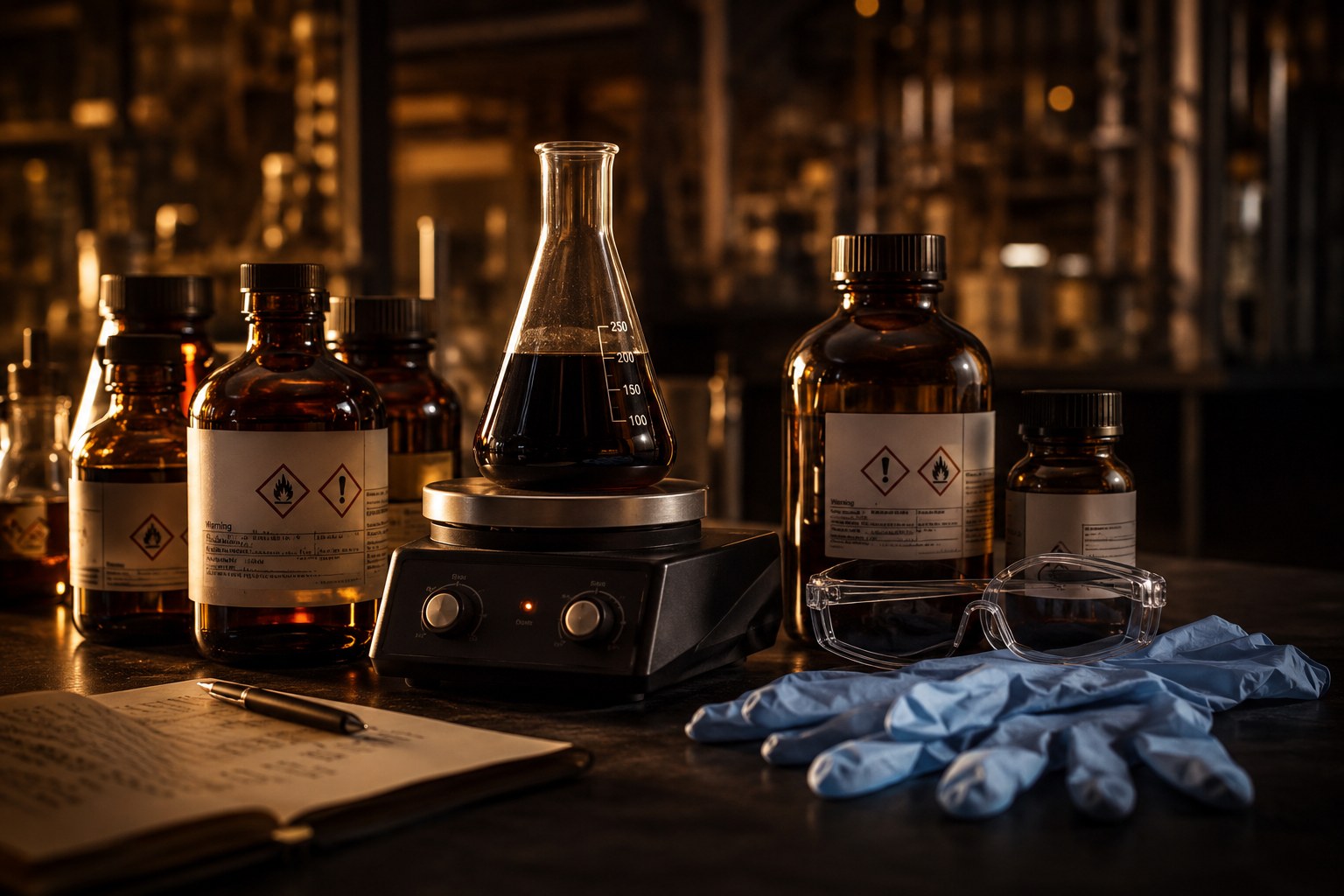 Amber chemical reagent bottles with hazard labels, a flask on a stirrer, and safety gear on a dark bench with warm lighting
