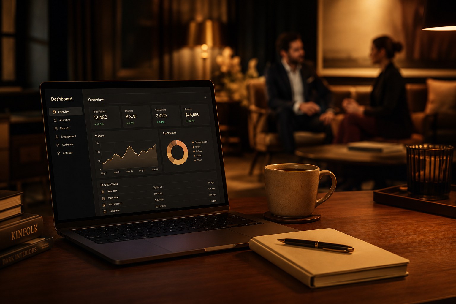 A laptop showing an analytics dashboard on a warm wood table with coffee and a notebook, with two people in conversation in a softly lit lounge in the background
