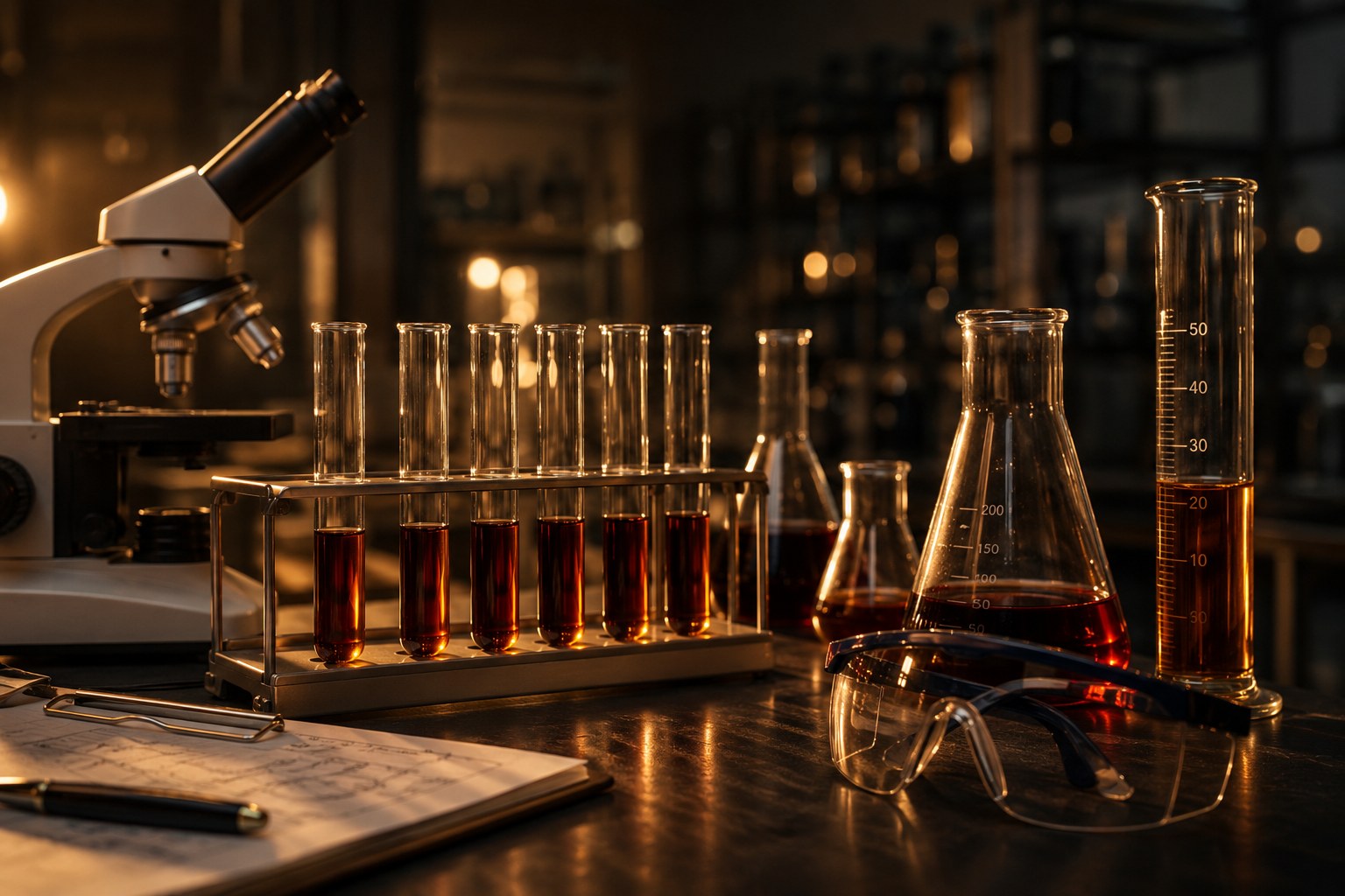 Test tubes with deep amber liquid, a microscope, and lab glassware on a dark bench with warm amber lighting