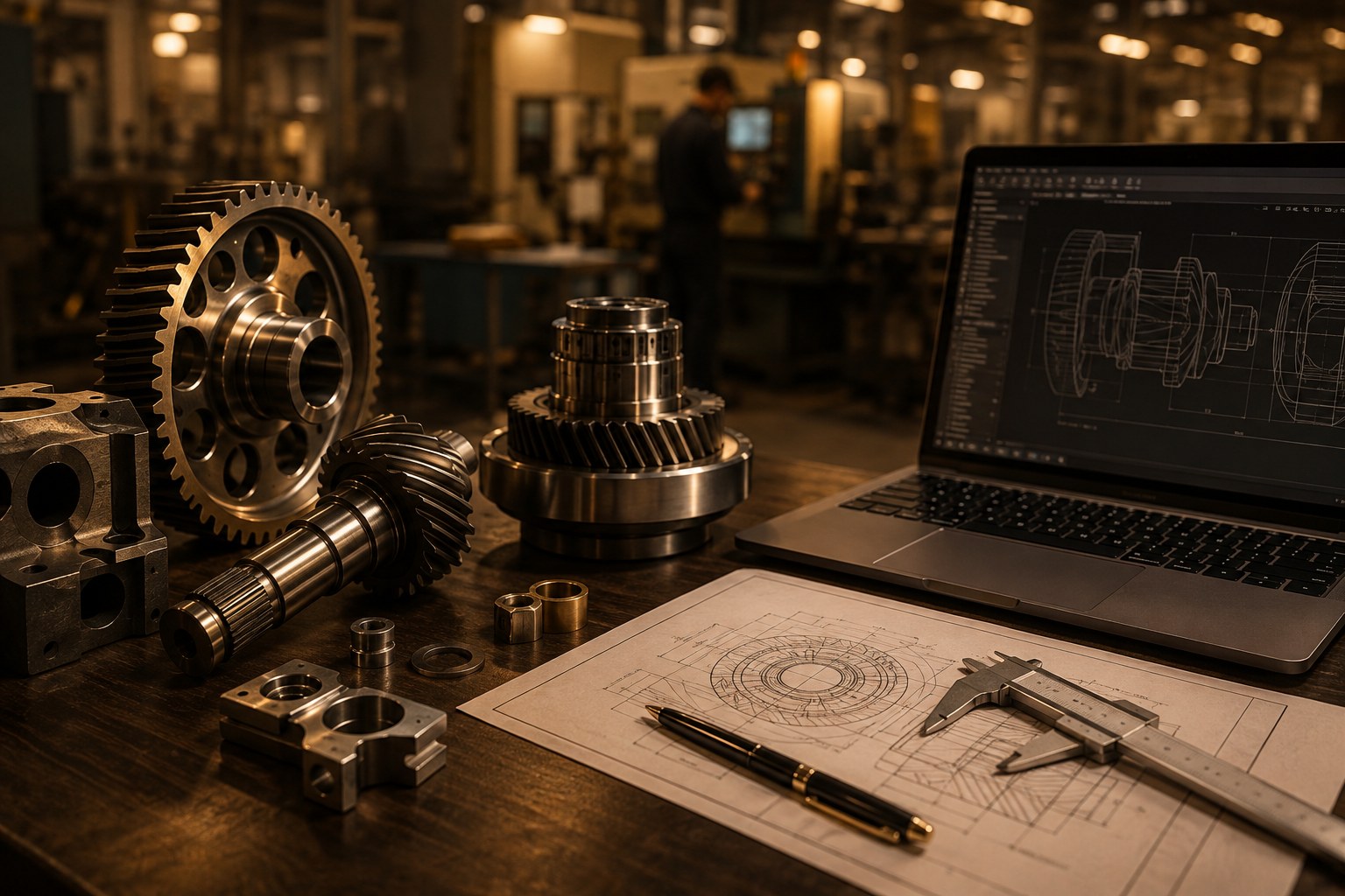 Precision-machined gears and metal components with an engineering blueprint and laptop CAD drawing on a dark wood desk, warm amber factory lighting