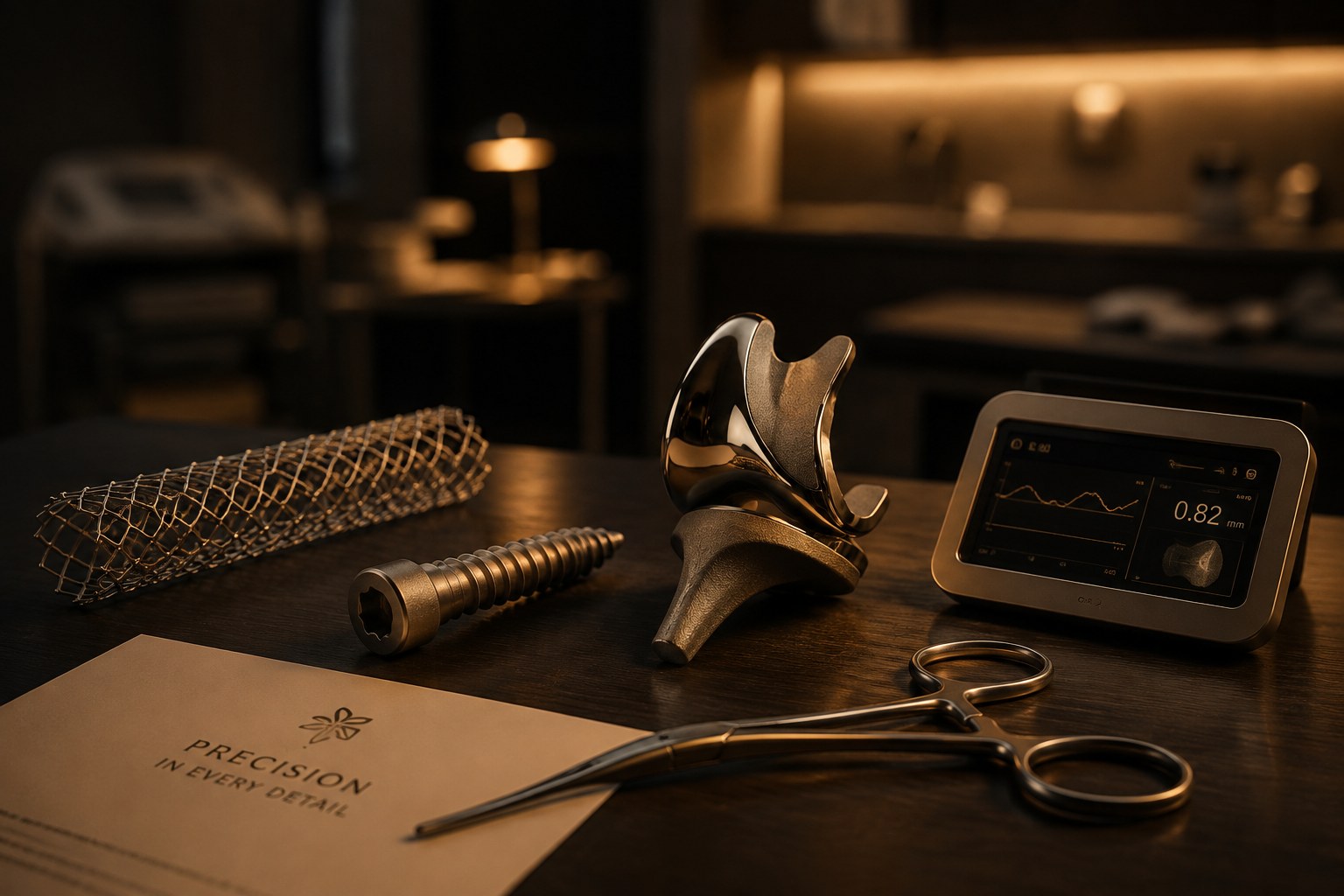 Precision medical device components — implant, screw, stent, and diagnostic monitor — on a dark walnut surface with warm gold accent lighting