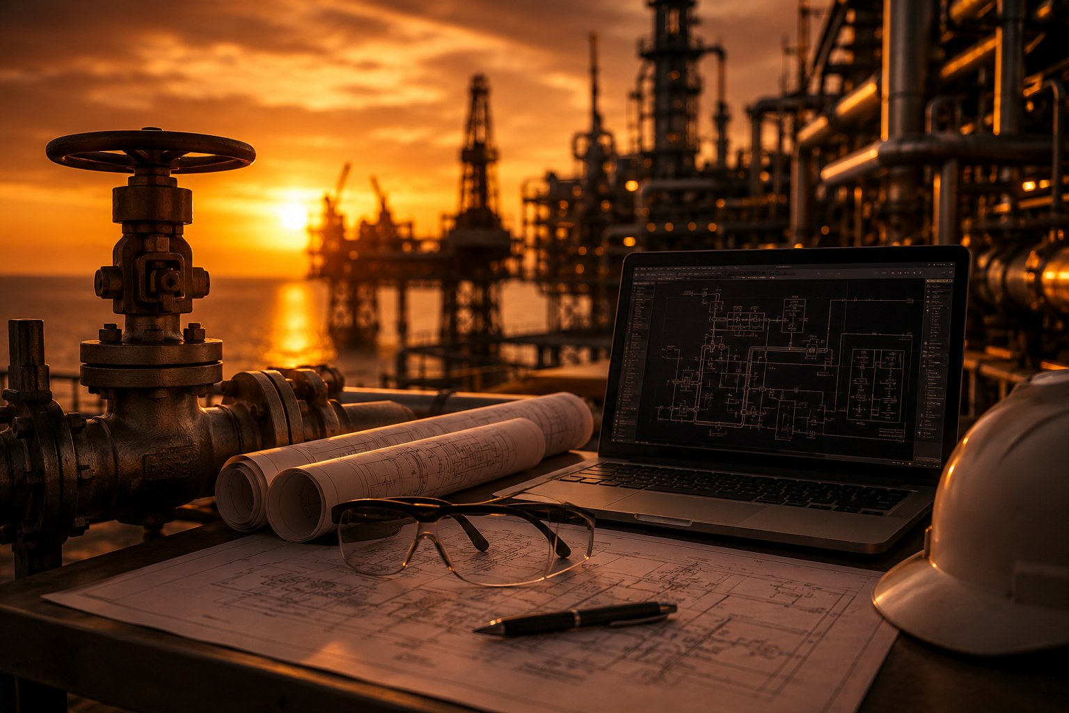 A pipeline valve, rolled blueprints, and a laptop with a dark schematic on a desk, with an offshore oil platform at golden-hour sunset in the background