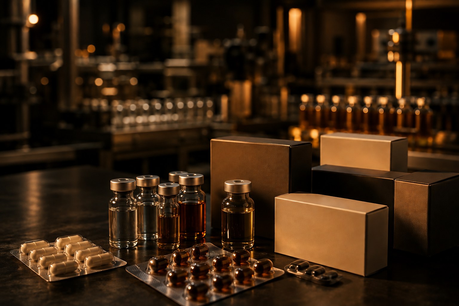 Amber pharmaceutical vials, capsule blister packs, and branded packaging on a dark production line with warm gold lighting