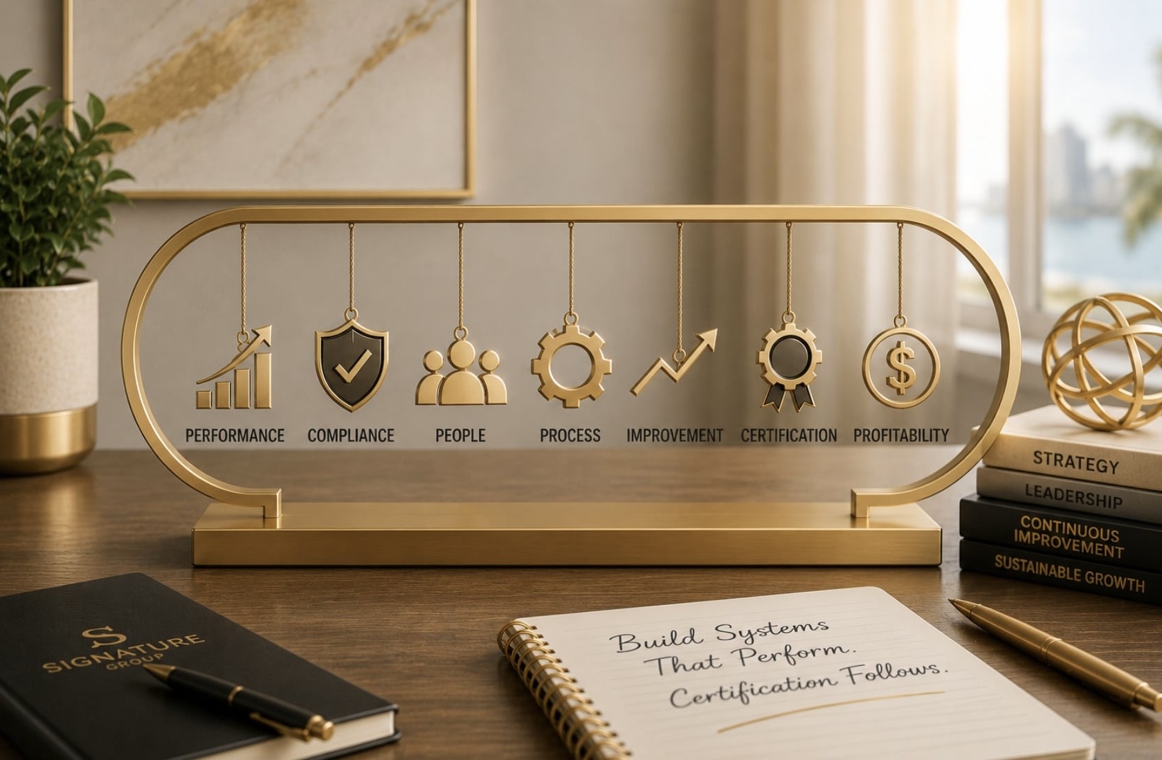 A gold desk sculpture with hanging icons for Performance, Compliance, People, Process, Improvement, Certification, and Profitability, beside a notebook reading 'Build Systems That Perform. Certification Follows.'