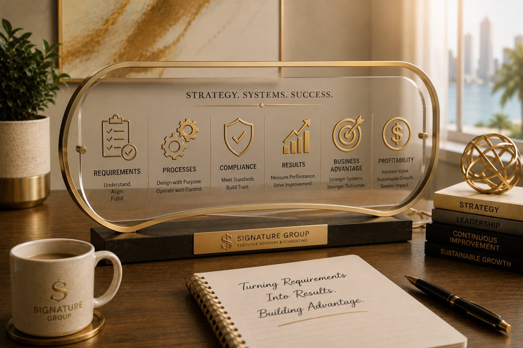 A glass and gold desk plaque reading 'Strategy. Systems. Success.' with icons for Requirements, Processes, Compliance, Results, Business Advantage, and Profitability, on a Signature Group branded desk