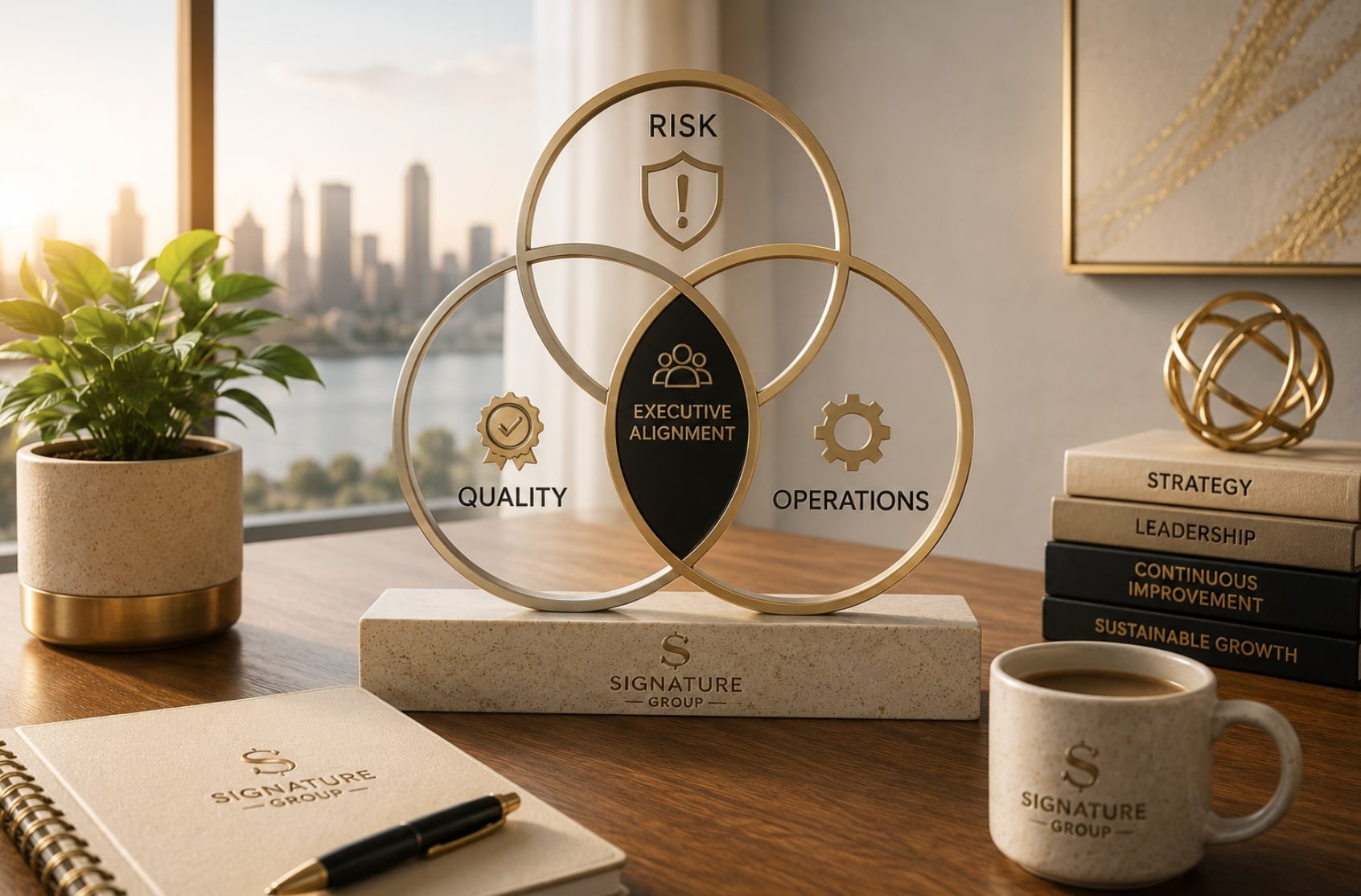 A gold three-ring sculpture labeled Risk, Quality, and Operations overlapping at the center on 'Executive Alignment', on a Signature Group branded desk with a city skyline view
