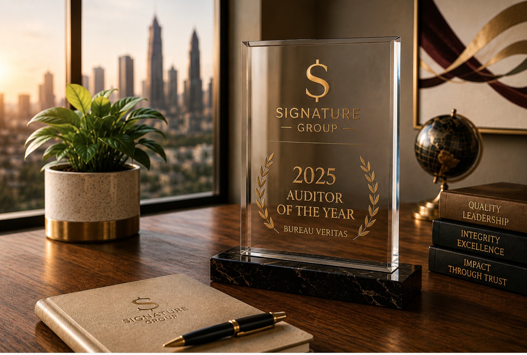 Crystal '2025 Auditor of the Year' recognition award from Bureau Veritas displayed on an executive desk