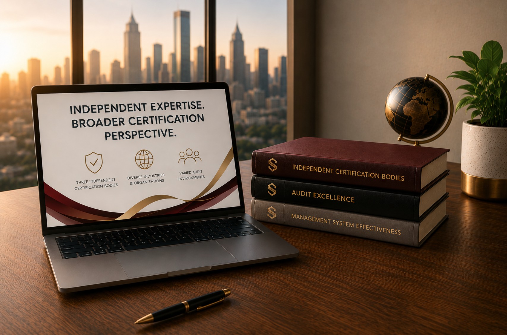 Laptop screen displaying 'Independent Expertise. Broader Certification Perspective.' beside three books representing Independent Certification Bodies, Audit Excellence, and Management System Effectiveness