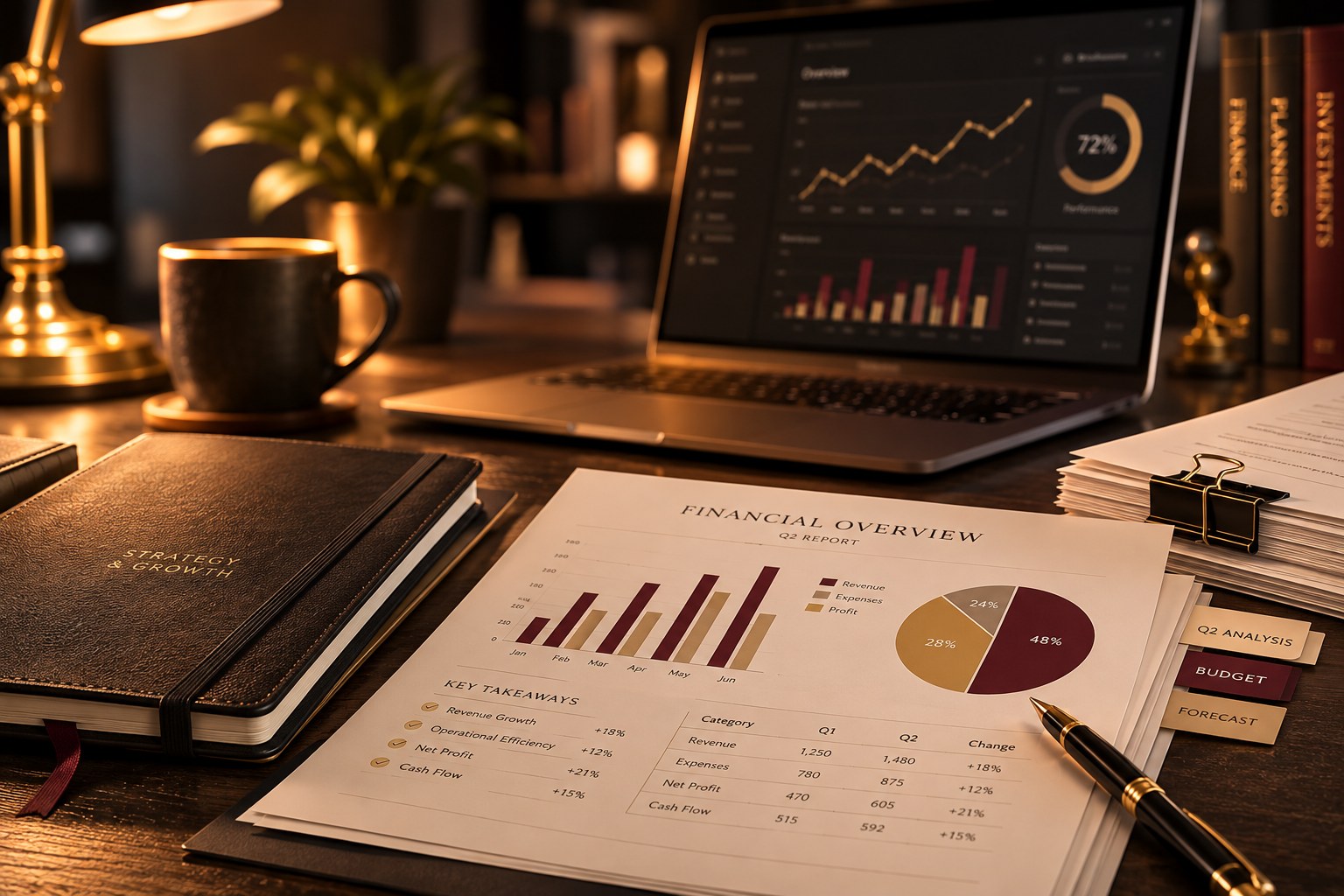 A financial report with burgundy and gold bar and pie charts, a leather notebook labeled Strategy and Growth, and a laptop dashboard on a dark wood desk, symbolizing business and compliance planning