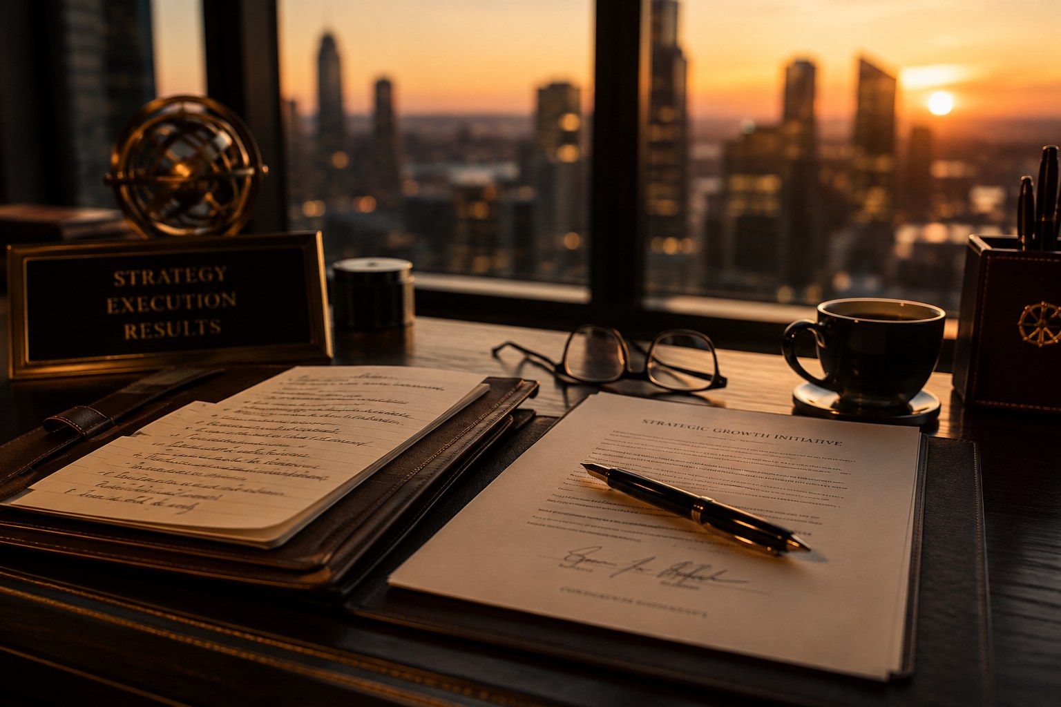 An executive's desk in use: an open leather portfolio with handwritten notes, a fountain pen on a signed strategy document, reading glasses, and coffee, with a golden-hour city skyline through the window behind