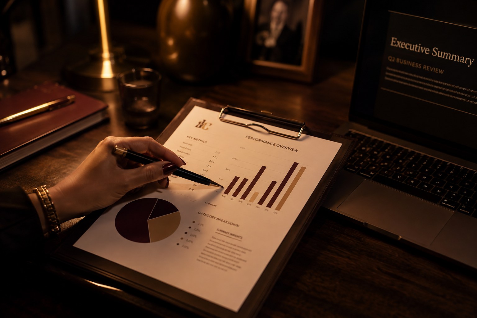 A hand with a pen pointing at a performance report with burgundy and gold bar charts and a pie chart on a dark wood desk, beside a laptop showing an executive summary