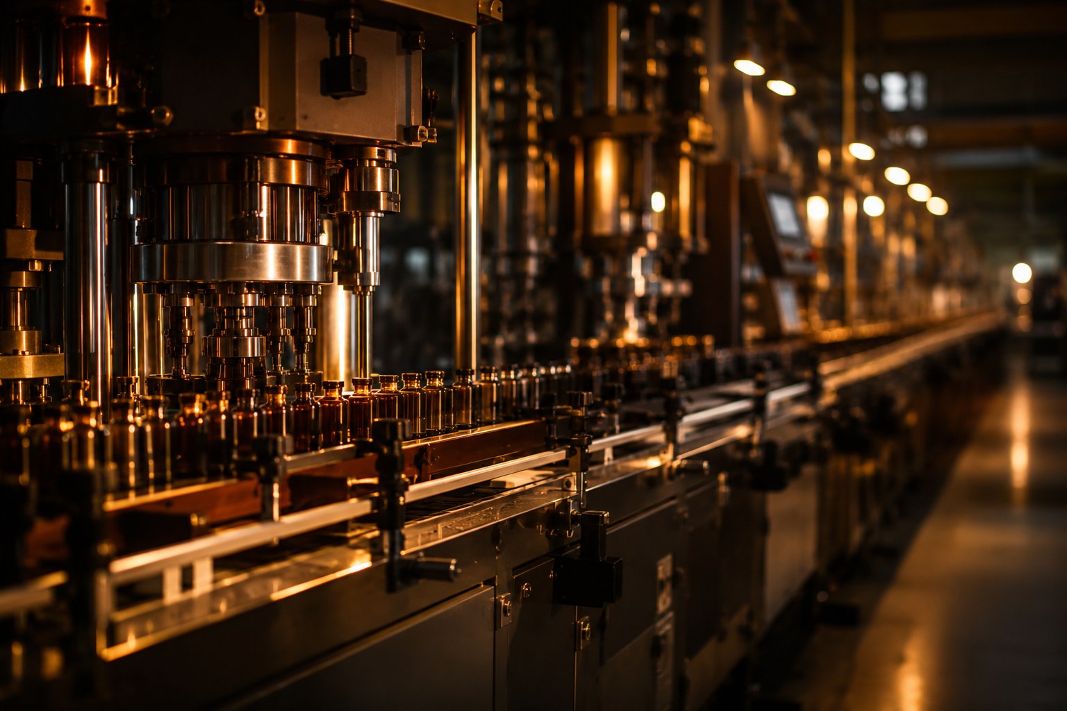 An automated bottling production line with precision machinery, photographed with warm amber practical lighting in a modern manufacturing facility