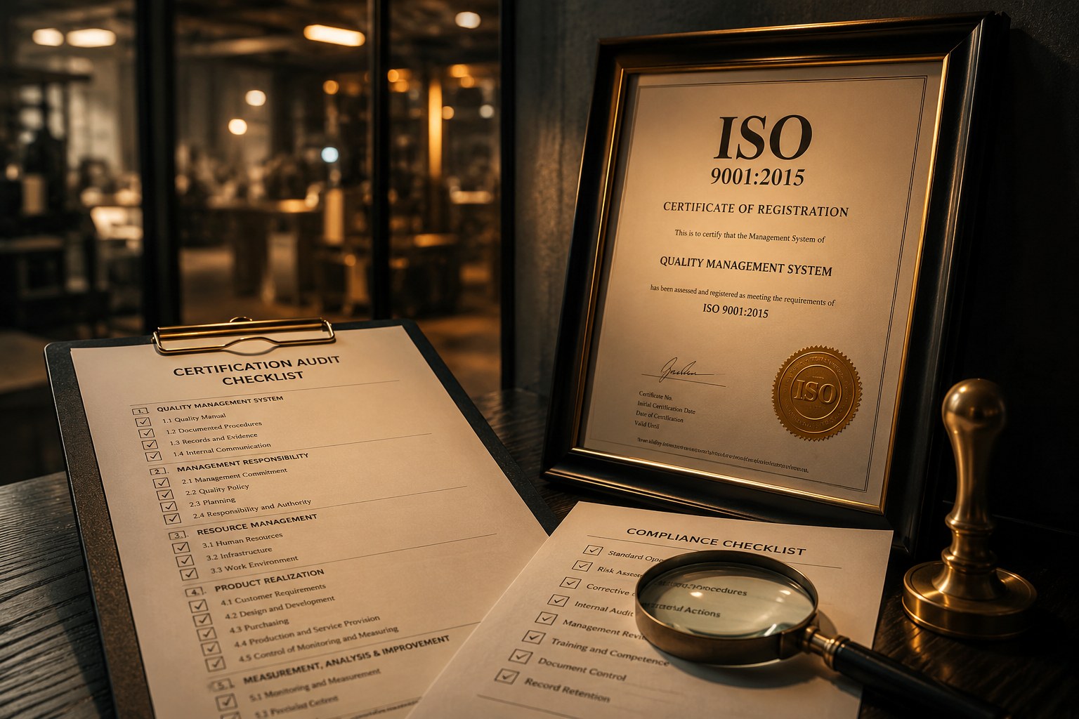 A certification audit checklist on a clipboard, an ISO 9001 certificate of registration in a dark frame, a magnifying glass on a compliance checklist, and a brass seal stamp on a dark wood desk with warm gold accent lighting