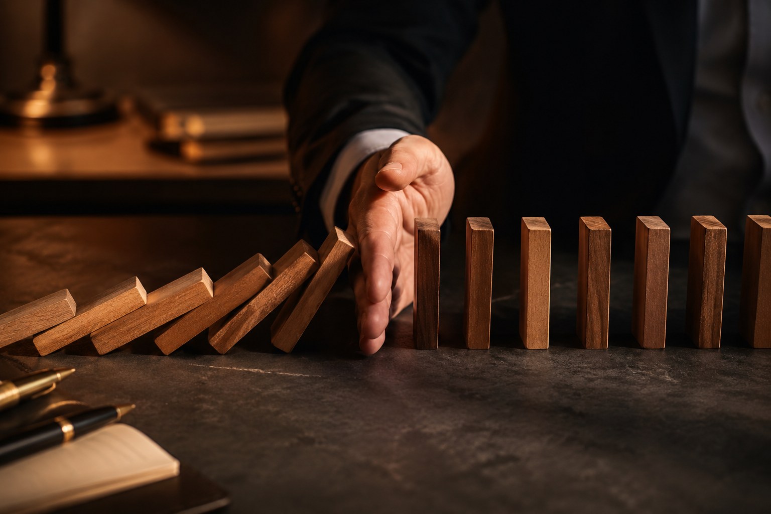 A hand stopping a row of falling wooden dominoes before it reaches the standing row, on a dark desk with warm amber side lighting, symbolizing controlled risk